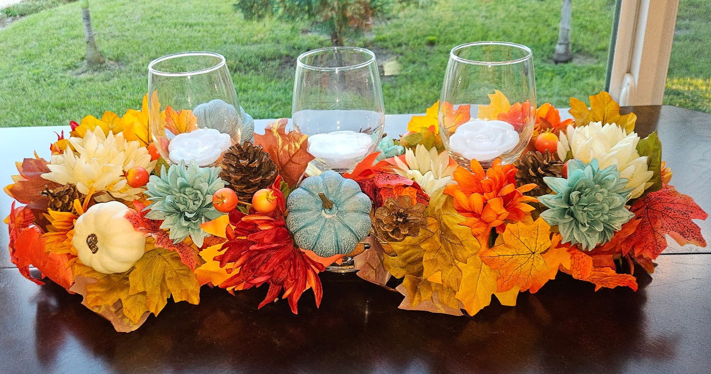 Autumn Glass Candleholder Centerpiece with Candles