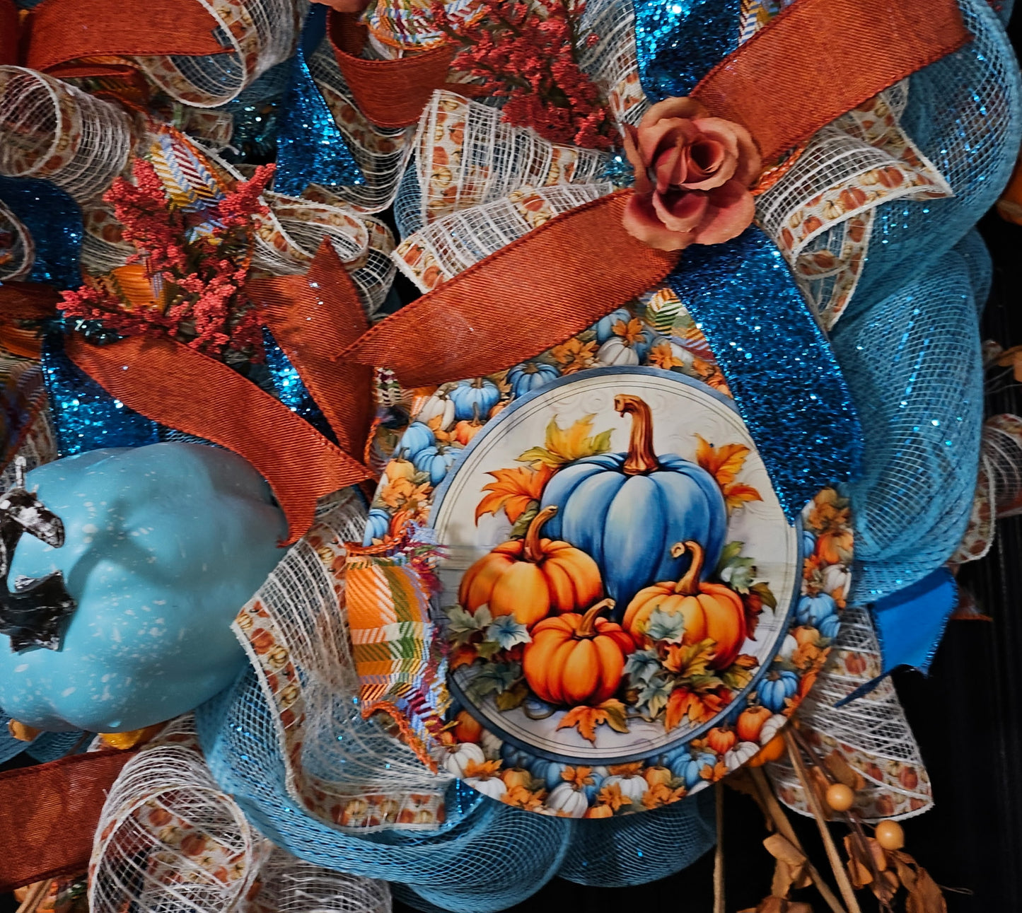 Blue Pumpkin & Harvest Fall Wreath