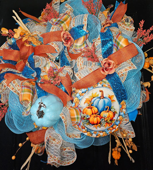 Blue Pumpkin & Harvest Fall Wreath