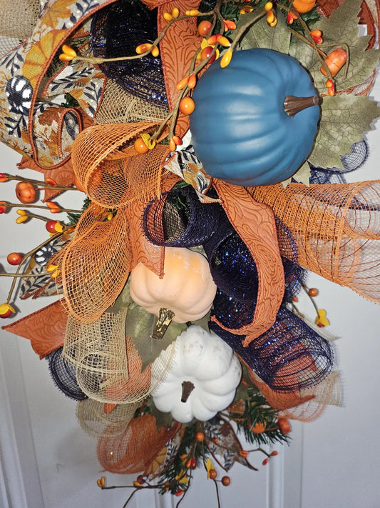 Fall Blue & Orange Pumpkin Swag Wreath